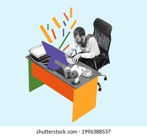 Yeloow, purple and orange colors. Young man, manager working hardly isolated over blue background, Trendy bright colors. Contemporary art. Creative conceptual and colorful collage. Office worker - Shutterstock ID 1996388537