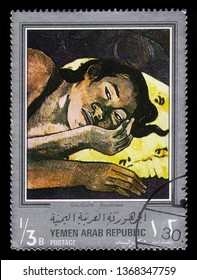 Yemen - CIRCA 1968: stamp printed in Yemen Arab Republic, shows painting by Paul Gauguin, Nevermore (1897), silver frame, circa 1968