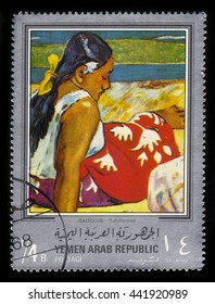 Yemen - CIRCA 1968: stamp printed in Yemen Arab Republic, shows painting by Paul Gauguin, Tahitian Women, circa 1968