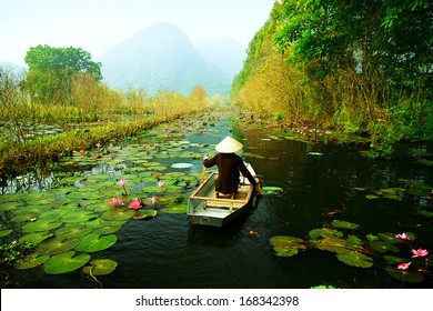 Yen stream on the way to Huong pagoda in autumn, Hanoi, Vietnam. Vietnam landscapes.