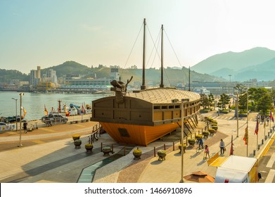 Yeosu, South Korea - June 6, 2018: A Turtle Ship (Geobukson) Near Yi Sun Shin Square. 