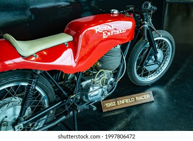 Yeovil, Somerset, UK – June 18 2021. 1962 Royal Enfield Café Racer Motorbike Used Around The Isle Of Man TT Course