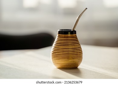 Yerba mate in ceramic matero, bombilla.  - Shutterstock ID 2136253679