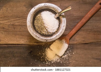yerba mate infusion, with grated coconut and chamomile, called coconut mate - Shutterstock ID 1881127321
