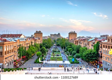 YEREVAN, ARMENIA - AUGUST 1: View over cascade stairs and Tamanyan park, famous spot in Yerevan, Armenia. August 2017 