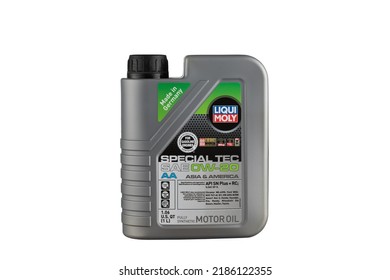 Yerevan Armenia - August 2, 2022: Liqui Moly Special Tec AA 0W-20 - 1L.
Motor Oil On A White Background.