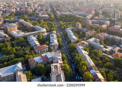 Yerevan, Armenia - August, 2022: Attractions Of The City. Drone View Of Mesrop Mashtots Avenue On Sunny Day. 