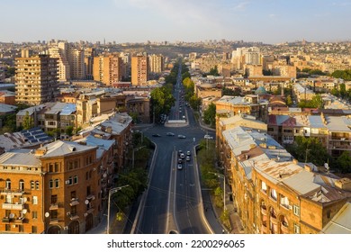 Yerevan, Armenia - August, 2022: Streets Of The City. View Of Mesrop Mashtots Avenue On Sunny Evening. 