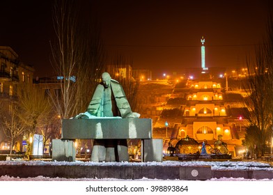 Yerevan, Armenia - January 8,2016: Statue Of Alexander Tamanian And Cascade Alley In A Winter Evening