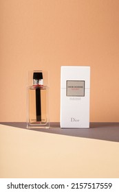 YEREVAN, ARMENIA - Mar 17, 2022: A Minimalist Shot Of A Dior Homme Sport Perfume Bottle On A Light Pink Background