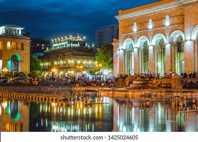 YEREVAN, ARMENIA - May 27, 2019 : The History Museum and the National Gallery of Armenia located on Republic Square in Yerevan, Armenia. Night view