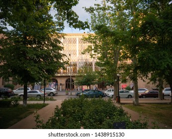 YEREVAN, ARMENIA - MAY 28, 2019:  View Of Komitas State Conservatory Of Yerevan At Golden Hour On A Summer Evening. Sign Translation -  Komitas State Conservatory Of Yerevan. 