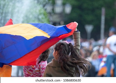 Yerevan, Armenia- May 8, 2018: Kids Holding Armenian Flags.  Revolution In Armenia