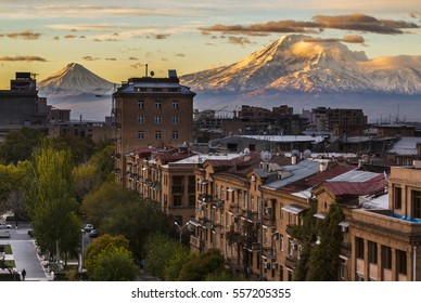 Yerevan City View With Majestic Ararat Mountain In The Background. Sunrise In Erevan - The Capital Of Armenia. Travel To Armenia, Caucasus.