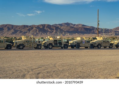 Yermo, CA, USA – July 2, 2021: Military Humvee Vehicles Stored At An Auction Lot In The Mojave Desert In Yermo, California. 