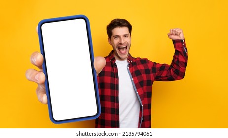 Yes, Big Luck. Excited Guy Holding Big Smart Phone In Hand Showing Empty White Screen Shaking Clenched Fist Raising Hand Up, Cheerful Man Celebrating Win, Looking At Camera, Mock Up Collage Banner
