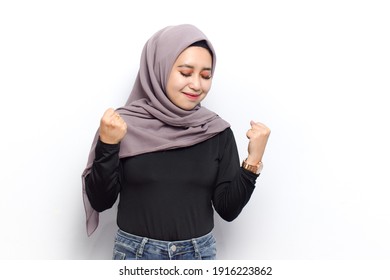 Yes Or Happy Gesture Of Young Beautiful Muslim Asian Women Dress Veil(Hijab) And Black Shirt Isolated On White Background