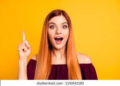 Yes! I knew it! Close up photo portrait of clever intelligent attractive charming lady with opened mouth looking in camera holding forefinger up isolated bright background