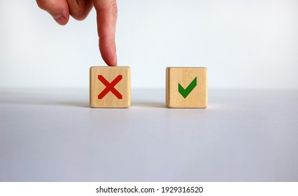 Yes Or No Choice Symbol. Hand Making A Choice Between Two Cubes With Yes And No Icon On Beautiful Neutral White Background. Business And Yes Or No Choice Concept. Copy Space.