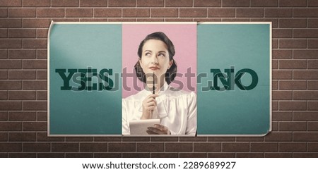 Yes or No vintage advertisement with woman thinking and holding a notepad