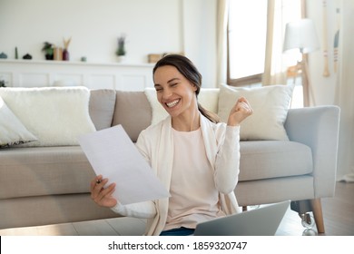 Yes! Overjoyed Young Woman Remote Employee Reading Paper Letter From Company Informing She Is Hired On Vacant Place, Happy Millennial Lady Bank Client Getting Loan Mortgage Credit Application Approval