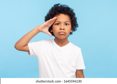 Yes, sir! Portrait of serious little boy with curly hair giving salute like soldier, listening to command with responsible expression, obeyed to parents. indoor studio shot isolated on blue background - Shutterstock ID 1645596130