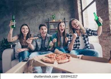 Yes, Yeah, Hooray! Cheerful Jouful Screaming Yelling Four Soccer Fans Having Day-off Resting Eating Takeaway Pizza And Drinking Beer