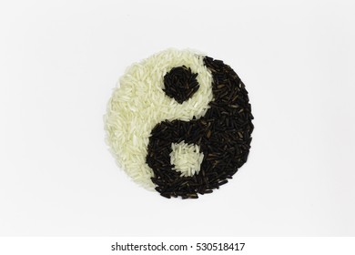 Yin Yang, Asian Food On The Wood Background Thailand Kitchen Food. Cooking Original Eastern Top View, Wood Background Texture , Paddy And Rice Yin Yang. Art Image Rice Thailand. China, Chinese Farmer