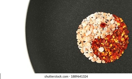 Yin Yang Food Ingredients. Himalayan Salt Chili Pepper In Red Black Colour On White Background. Yin Yang Concept