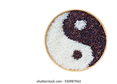 Yin Yang Sign With Black And Jasmine White Rice  Isolate On White Background With Clipping Path. Concept Healthy Eating,organic Food