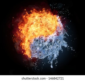 Yin Yang symbol made of water and fire, isolated on black background