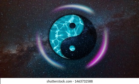 Ying Yang Water And Stars With Three Neon Blur Lines Design And Astronomy Space Background