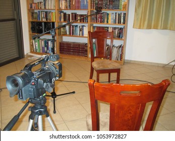 Yitzhar, Israel - April 28, 2013: Living Room Set Up For Interview, Filming A Documentary