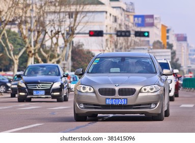 YIWU-CHINA-JANUARY 26, 2016. BMW 5 Series On The Road. BMW Sales Will Be Hit In 2016 By Cut-throat Competition, Slowing Chinese Economy And Government Crackdown On Graft And Conspicuous Consumption.