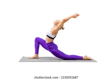 Yoga, Advanced Level. Beautiful Athletic Woman Practice Crescent Moon Pose, Anjaneyasana, Isolated On White. Back Stretching, Joint Mobility, Fitness, Asana, Workout, Flexibility, Sport Class