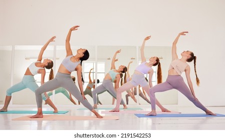 Yoga Class Or Club Of Females Only Exercising And Stretching During Their Morning Workout Or Exercise. Group Of Calm, Fit And Active Women Training Together And Living A Healthy Lifestyle