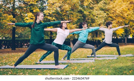 Yoga class is doing stretching exercises in park enjoying autumn nature, fresh air and physical activity. Well-being, recreation and sporty young people concept. - Shutterstock ID 2224634769