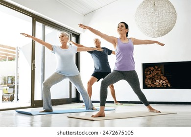 Yoga class, senior couple and instructor for stretching, flexible arms or wellness in home. Health care, elderly man or old woman with personal trainer for exercise, balance or wellbeing with pilates - Powered by Shutterstock