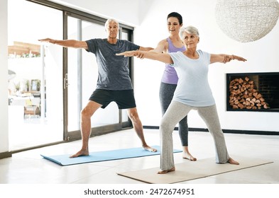 Yoga class, senior people and instructor for help, stretching arms or wellness in home. Health care, elderly man or old woman with yogi teacher for exercise, balance or wellbeing with pilates - Powered by Shutterstock