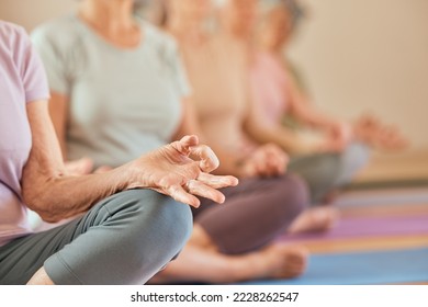 Yoga class, senior woman and meditation with lotus hands of fitness group together for exercise, chakra workout and wellness training in studio. Old people doing zen or spiritual practice for health - Powered by Shutterstock