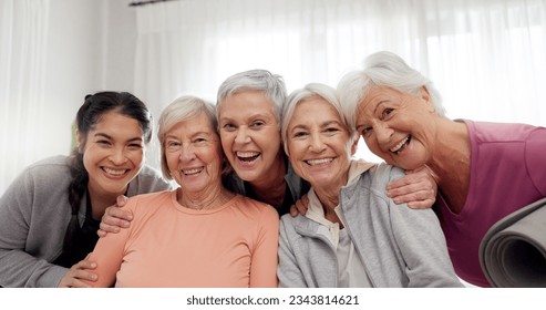 Yoga class teacher, face and senior happy people for retirement exercise, club membership and team support. Pilates instructor, friends or elderly women smile for training, fitness or active workout - Powered by Shutterstock