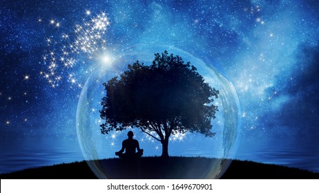 Yoga Cosmic Space Meditation, Silhouette Of Man Practicing Outdoors At Night 