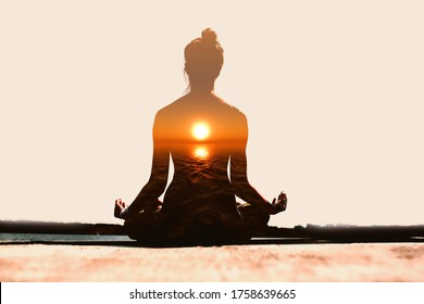 Yoga day concept. Multiple exposure image. Woman practicing yoga at sunset - Powered by Shutterstock