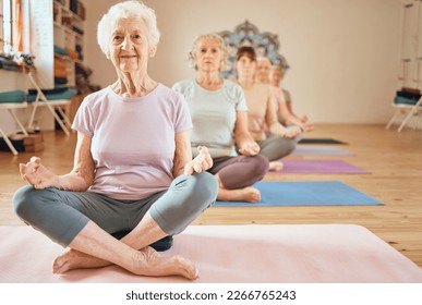 Yoga, exercise and senior woman in lotus for meditation, mindfulness and zen workout for health and wellness in retirement. Group of old people together yoga spiritual, chakra and balance training - Powered by Shutterstock