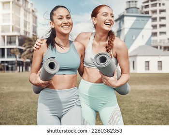 Yoga, fitness and laugh with woman friends in the park together for mental health exercise. Pilates, humor and training with a female yogi and friend outside on a grass field for a summer workout - Powered by Shutterstock