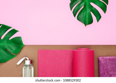 Yoga Or Fitness Summer Leaflet Template, Flat Lay Composition With A Space For A Text