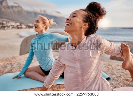 Yoga, laugh and woman friends on the beach together for mental health, wellness or fun in summer. Exercise, diversity or nature with a female yogi and friend laughing or joking outside for humor