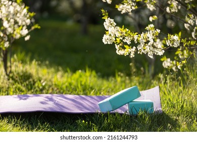 Yoga Mat On A Green Lawn. Bright Colors. Front View. Concept Fitness Outside, Sport, Healthy Lifestyle, Quarantine, Home Gym. Sunny Day. Copy Space. Nobody