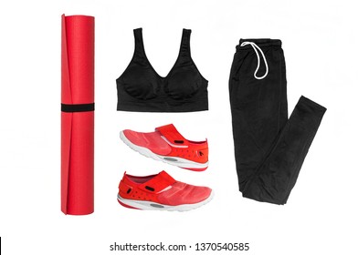 Yoga Mat, Sneakers, Tank Top And Pants Isolated On White Background. Sports Set.