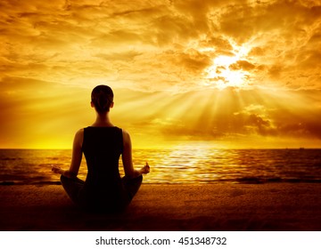 Yoga Meditating Sunrise, Woman Mindfulness Meditation on Beach, Back View